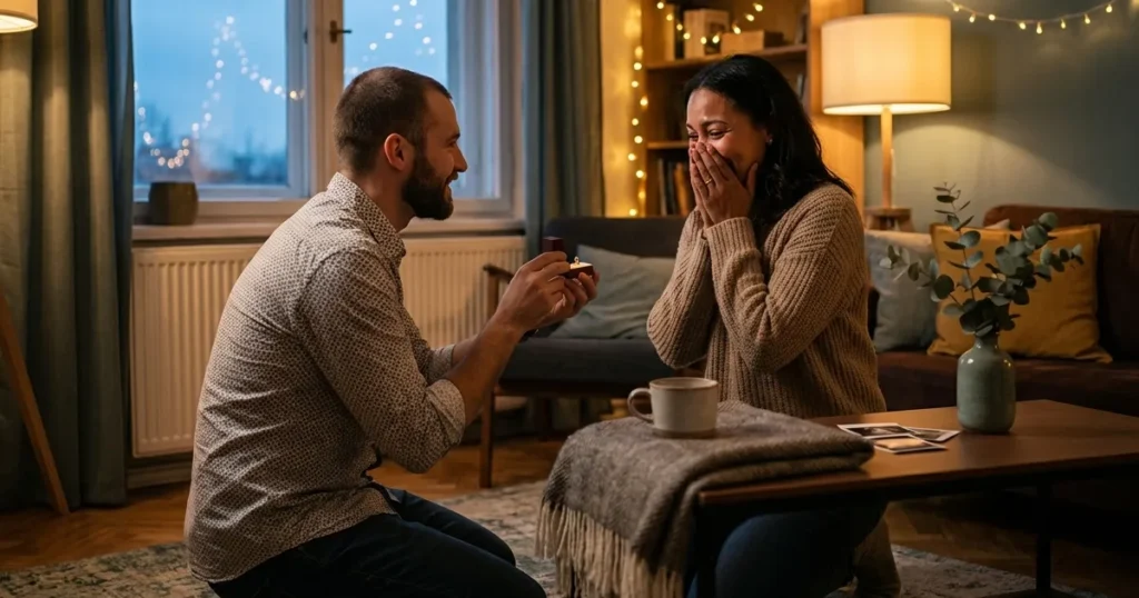 At-Home Proposal Idea Cozy String Lights and a Private “Yes” Moment