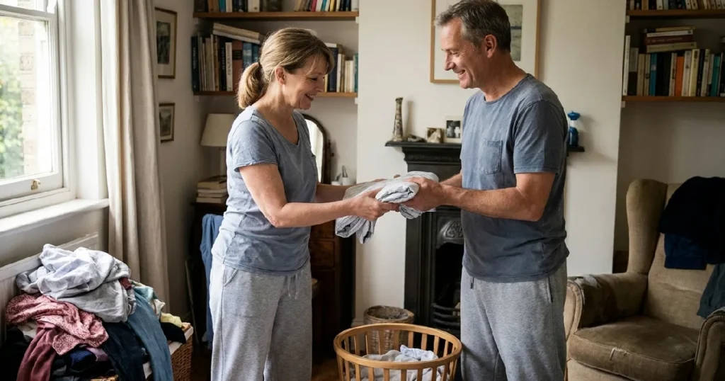 Couple Sharing Domestic Chores and Daily Life Roles Happily
