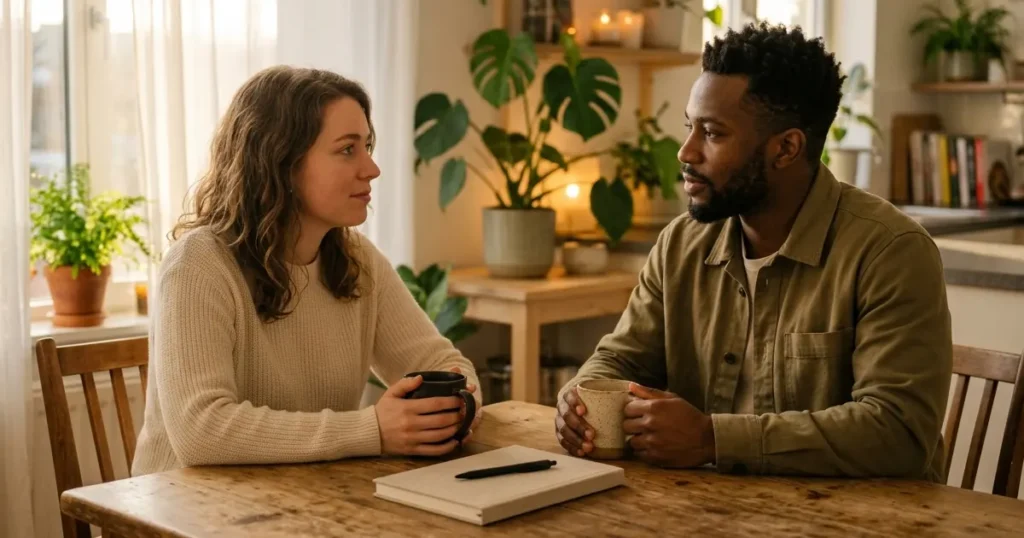 Couple holding coffee mugs