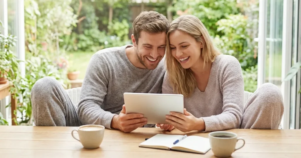 Happy Couple Reviewing Budget On Tablet During Morning Coffee