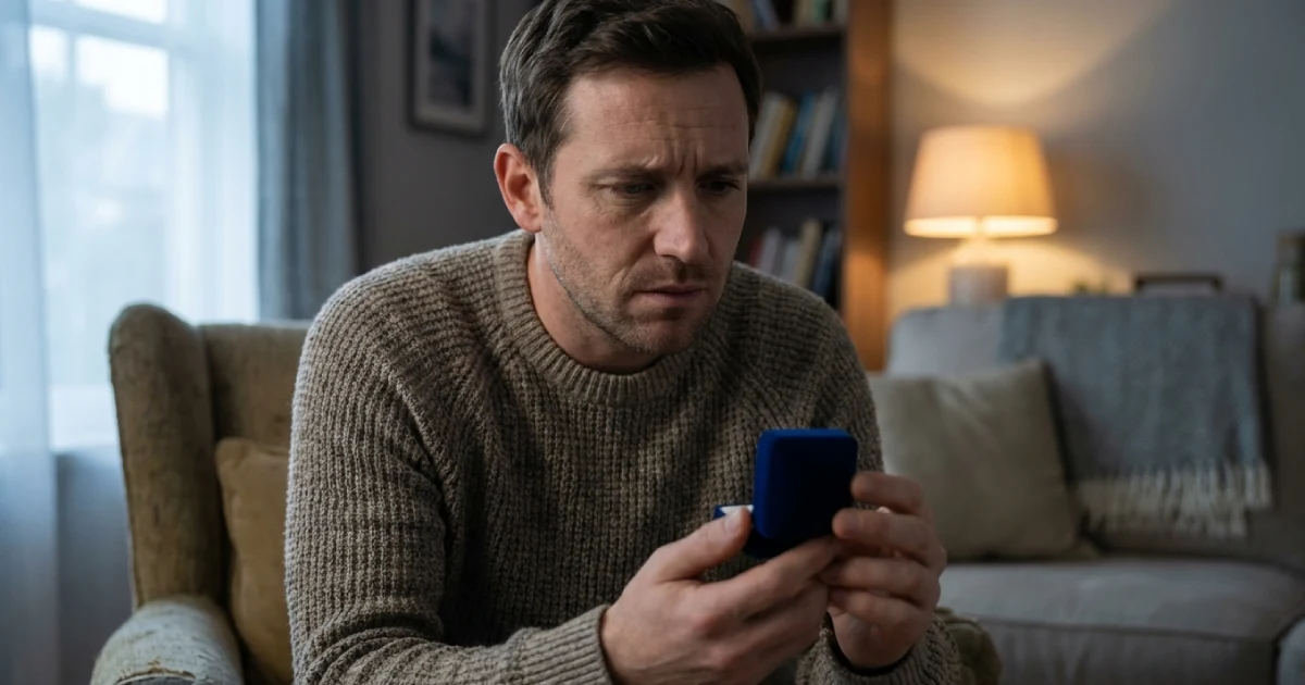 Man Holding Engagement Ring Box With Contemplative Expression reflecting Proposal Anxiety