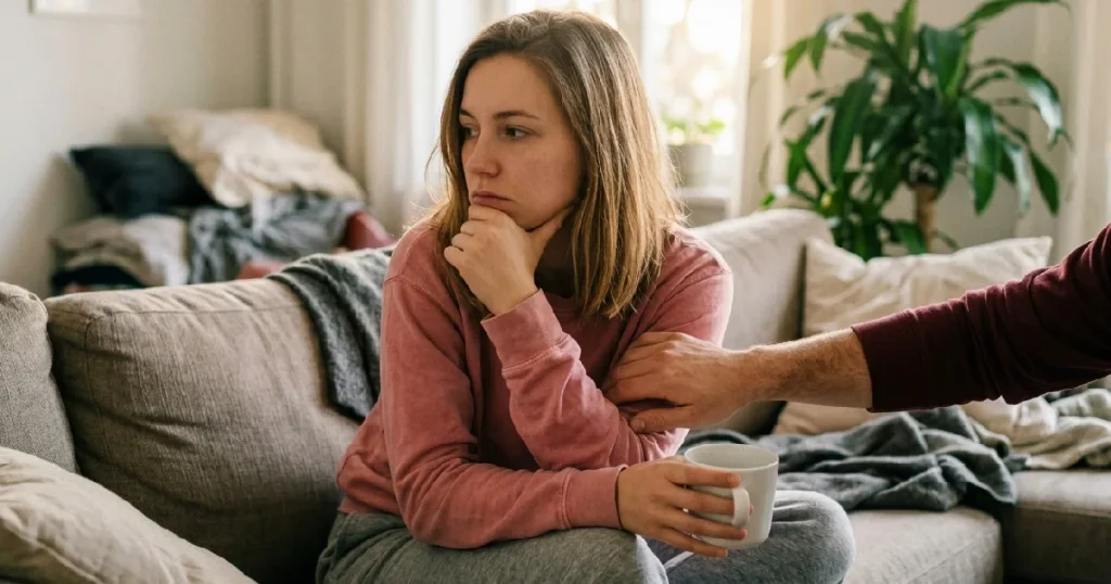 Woman receiving comfort from man