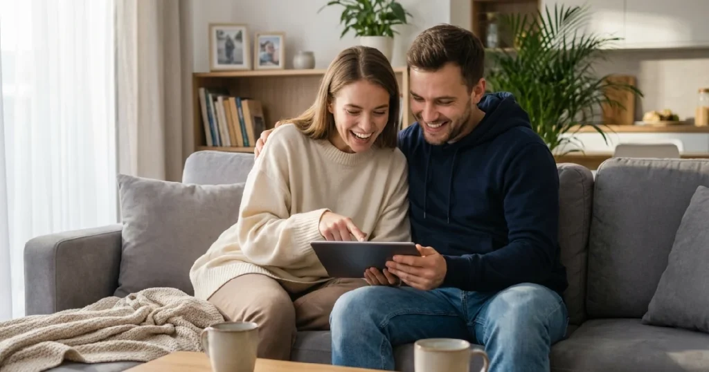 Young Couple Planning Future Together Looking At Tablet Home