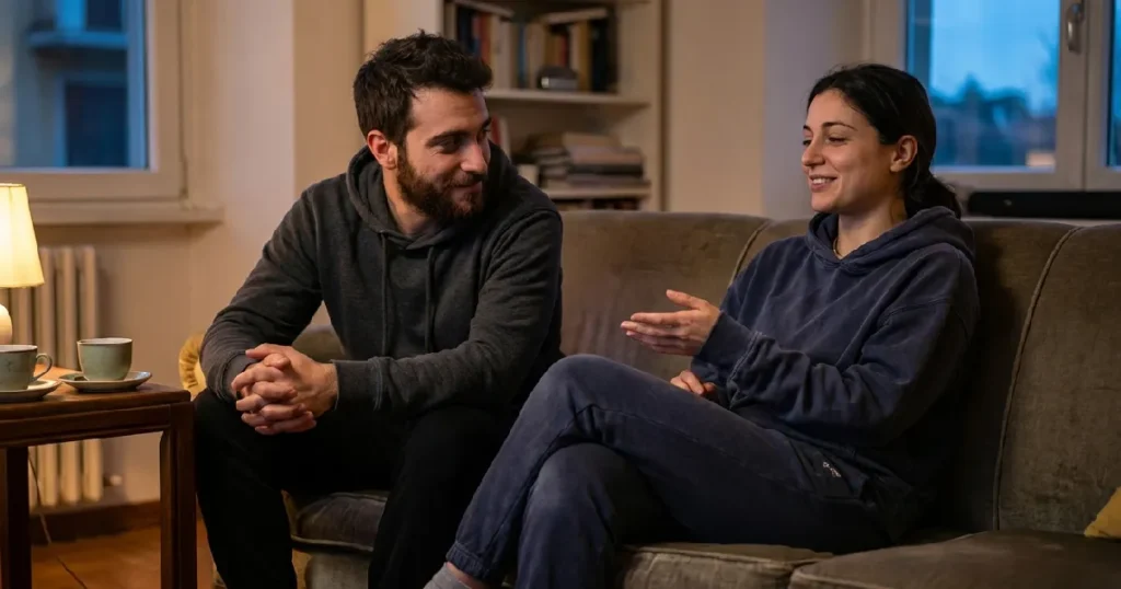 Couple Practicing Emotional Check-In on Sofa Active Listening