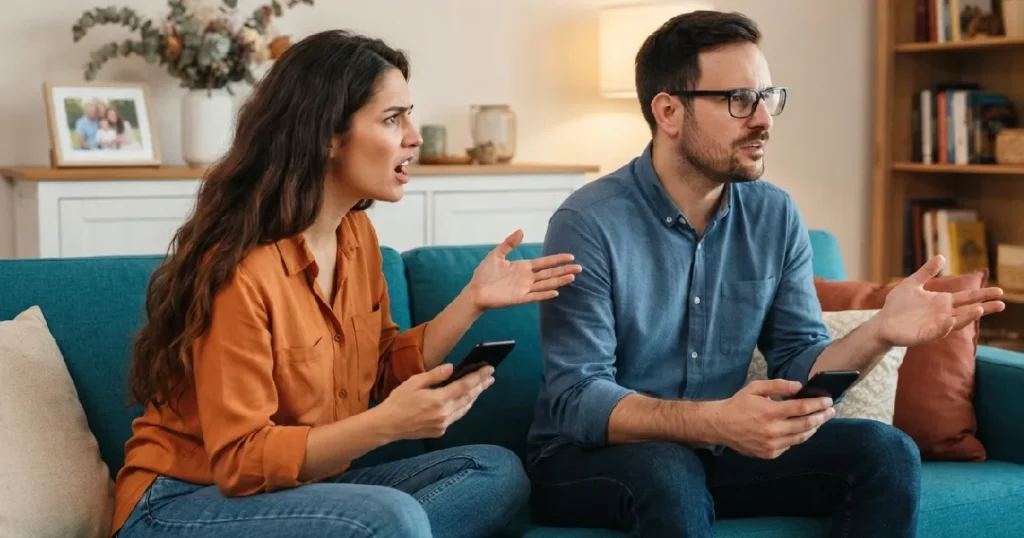 Couple arguing on sofa