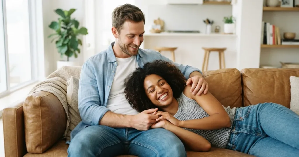 Couple relaxing together on sofa