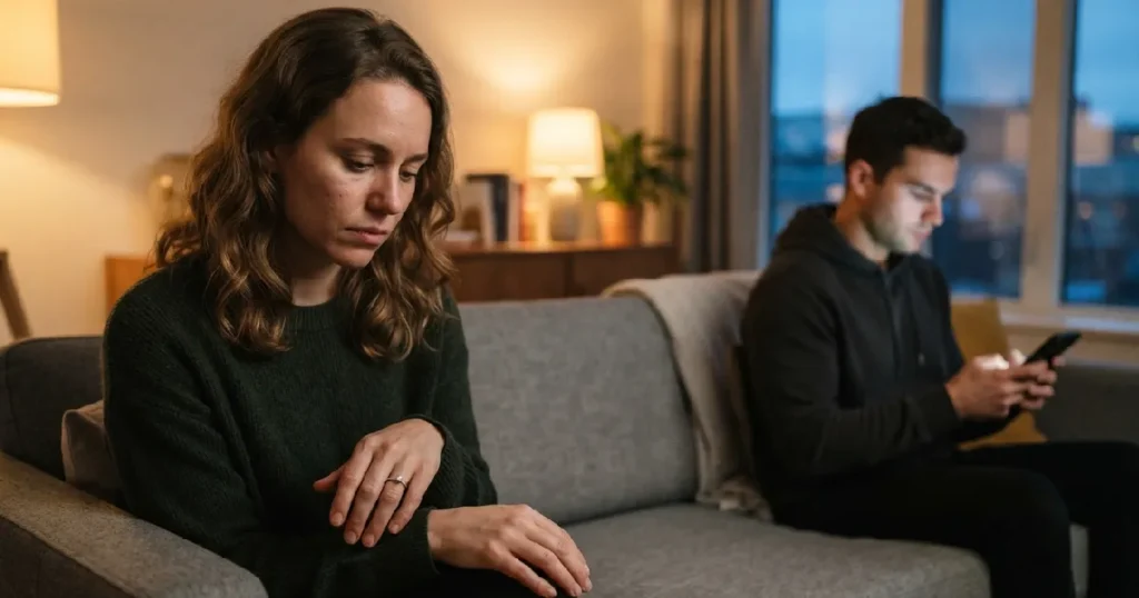 Couple sitting on modern sofa