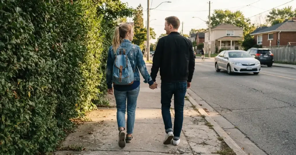 Couple walking on sidewalk