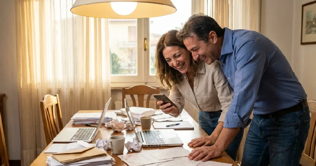 Engaged Couple Laughing Connection During Wedding Planning