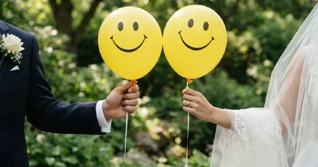 Hands holding smiley face balloons