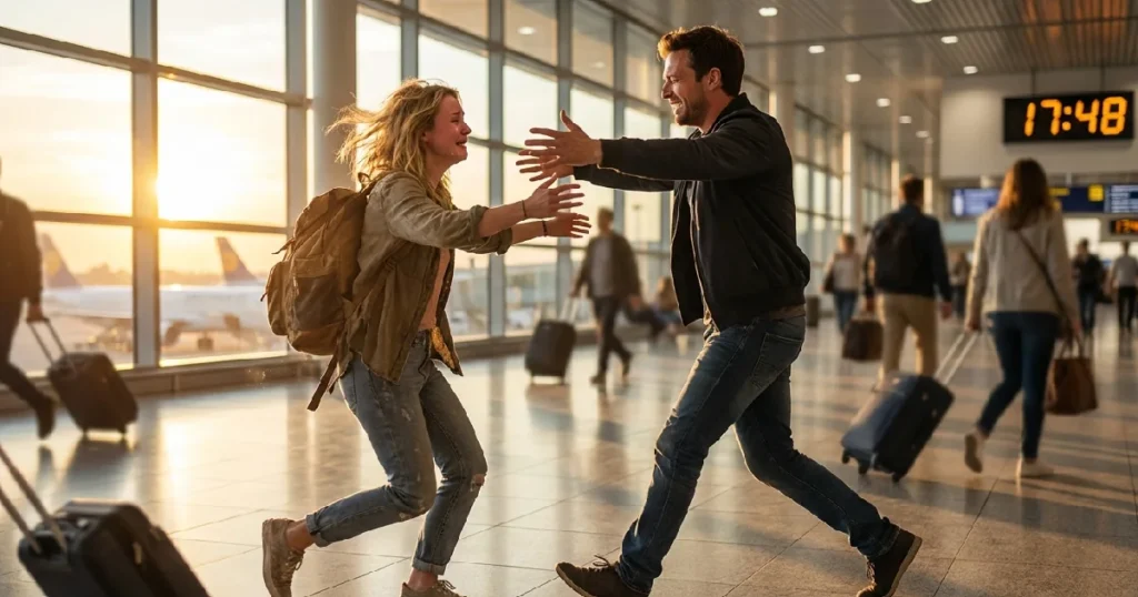 Long Distance Couple Reunion Embrace Airport Emotional Reunion Moment