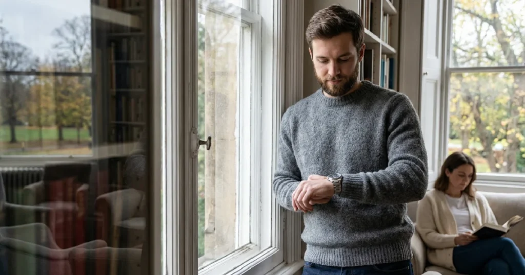 Man Looking at Wristwatch While Taking a Break by a Window