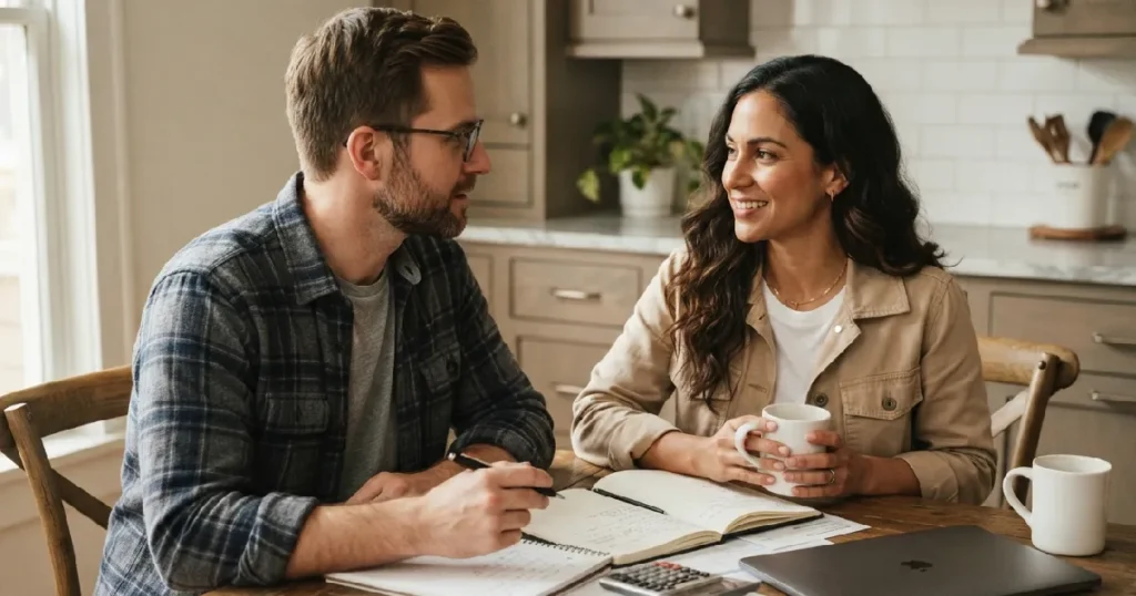 Man and woman conversing at table