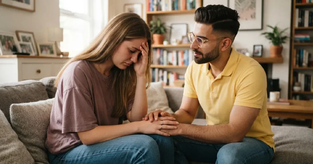 Man comforting distressed woman