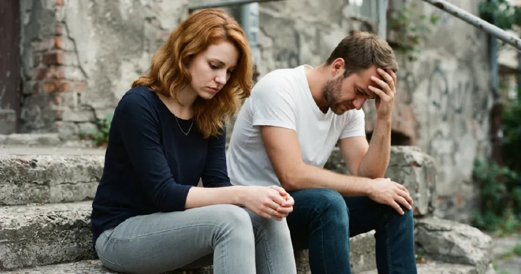 Troubled man and woman sitting
