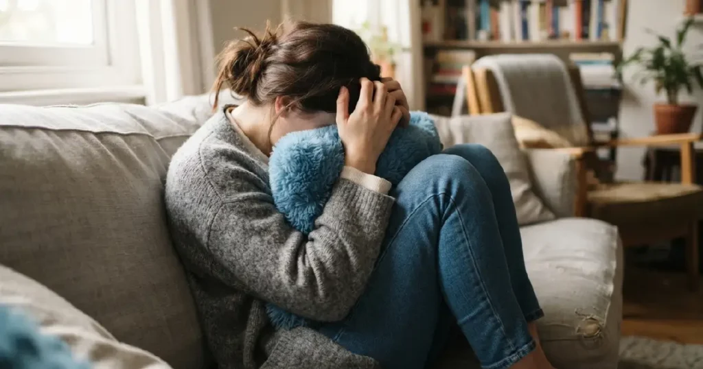 Woman clutching cushion on sofa