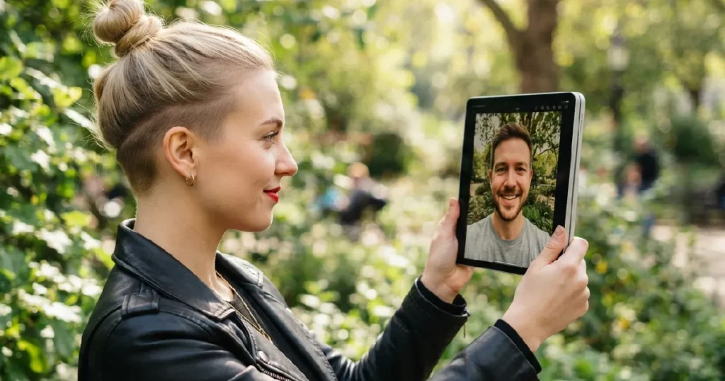 Woman holding tablet with selfie