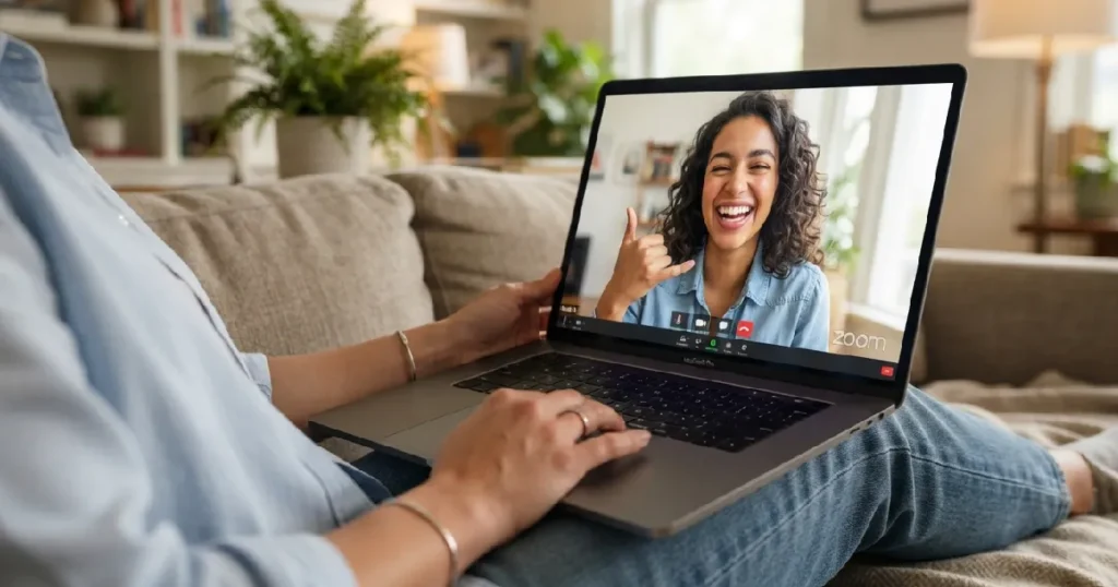 Woman video calling on laptop