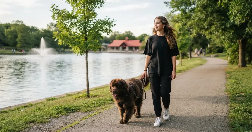 Woman walking dog on pathway