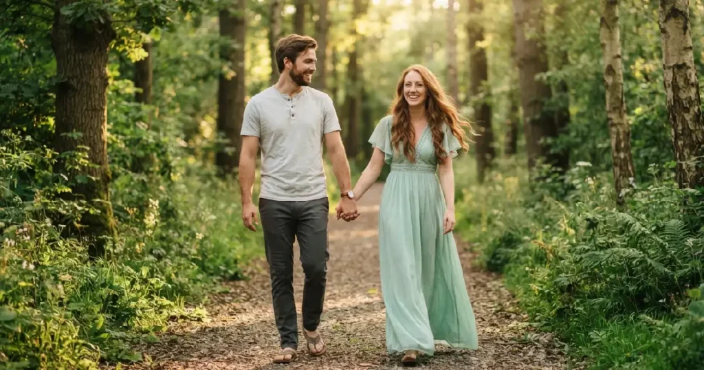 man and women walking on path