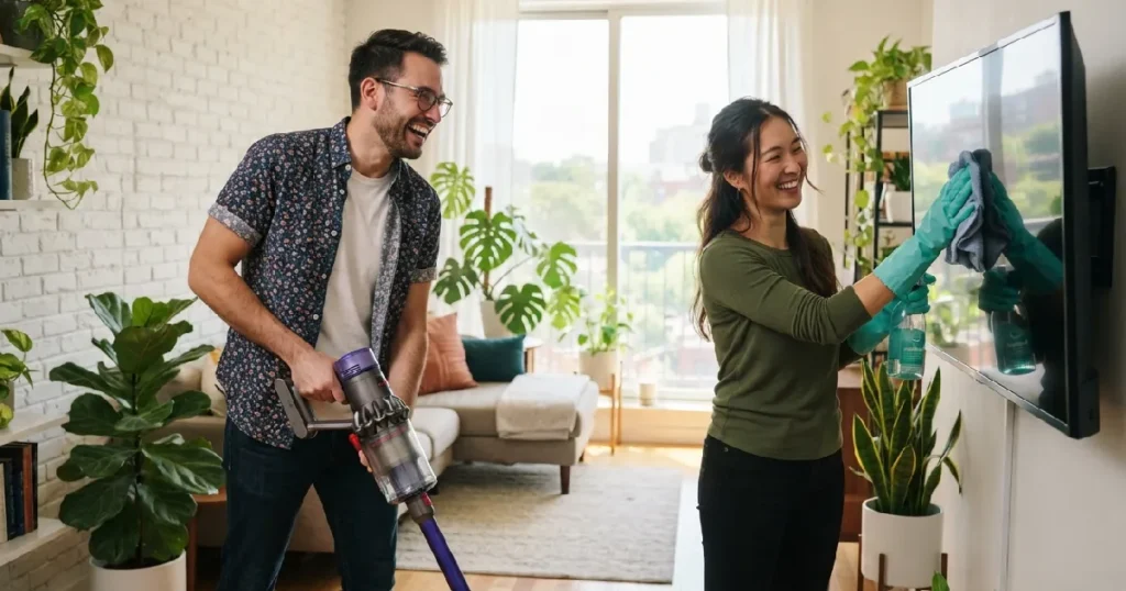 Couple cleaning modern apartment