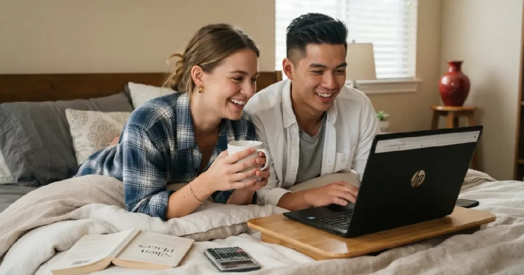 Couple looking at laptop on bed