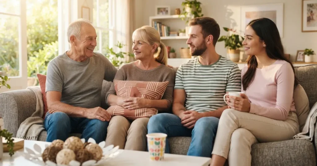 Family conversing in living room