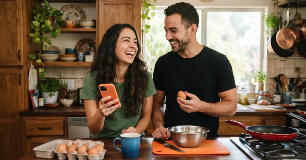man and women laughing in kitchen