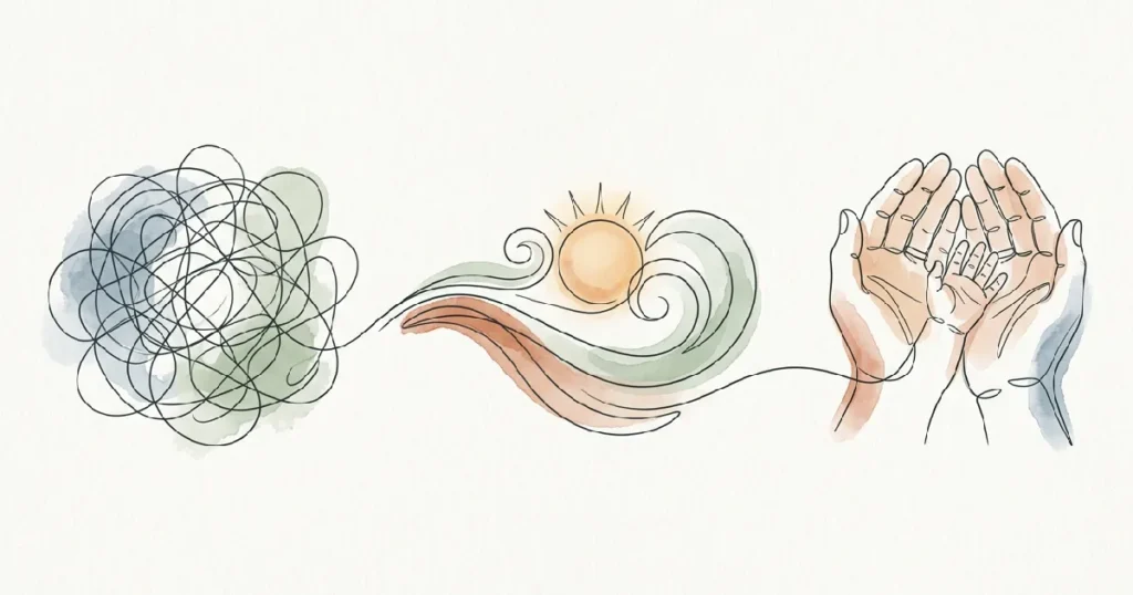 A minimalist line-art illustration showing the journey of new parenthood from mental overload to calm connection.