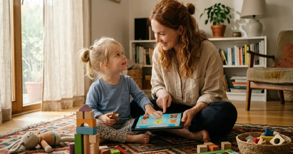 A parent and child share a quiet moment of joint media engagement, transforming screen time into a relational bridge for learning and connection.