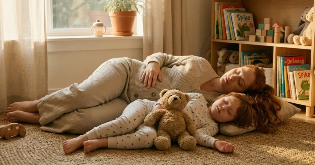 A quiet afternoon in the nursery, where a mother and child discover calm together, not during a crisis, but in the stillness.