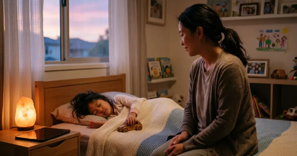 A quiet evening moment of relief and reconnection, capturing the emotional reward of designing intentional play instead of battling screen-time guilt.
