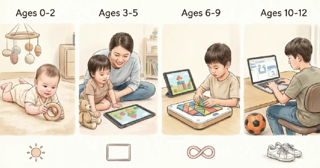 A visual guide illustrating the four developmental stages of a healthy play diet, helping parents design intentional physical, digital, and phygital play from infancy to pre-adolescence.