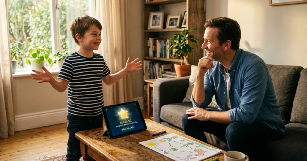 A young boy animatedly explains a concept he just learned to his father during the teach-back protocol, the simple five-minute habit that research shows activates deep memory consolidation.