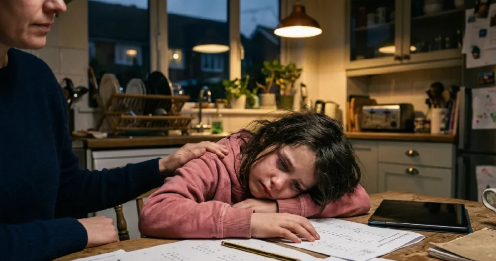 A young girl struggles with homework frustration at the kitchen table while her mother offers quiet comfort, The Frustration Before the Shift