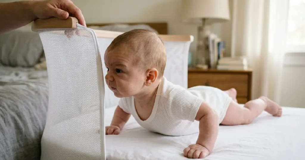 Baby Pushing Up in Bassinet Showing Signs of Crib Readiness