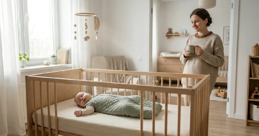 Baby Sleeping Safely in a Bare Crib Wearing a Sleep Sack