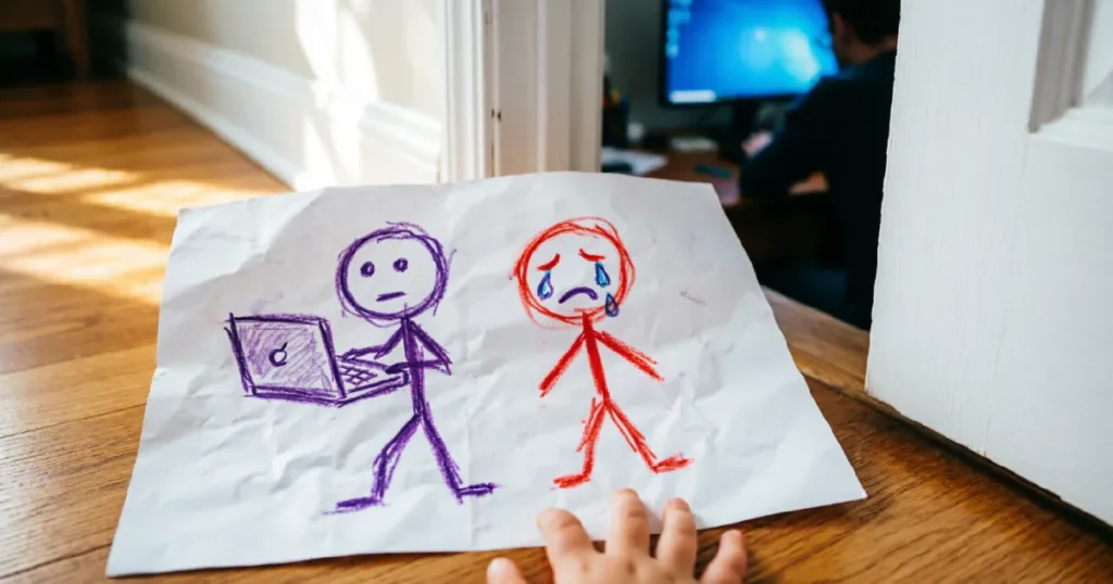 Close-up of child’s crayon drawing being slid under a closed door; a symbolic image of the emotional cost of remote work on children.