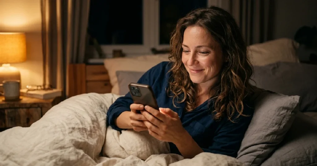 Couple Sharing Goodnight Text Messages Before Bed