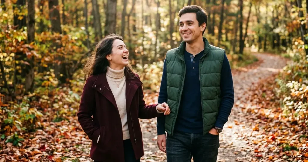 Couple Walking Together on an Autumn Trail Having an Honest Conversation — Relationship Connection