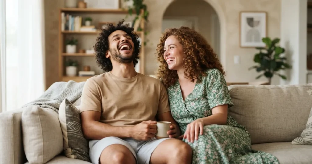 Couple laughing together on couch