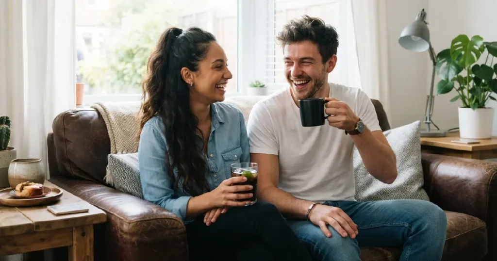 Couple relaxing on leather sofa