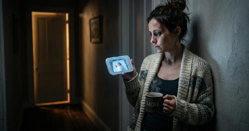 Exhausted-Mother-Holding-Baby-Monitor-Night-Wakings