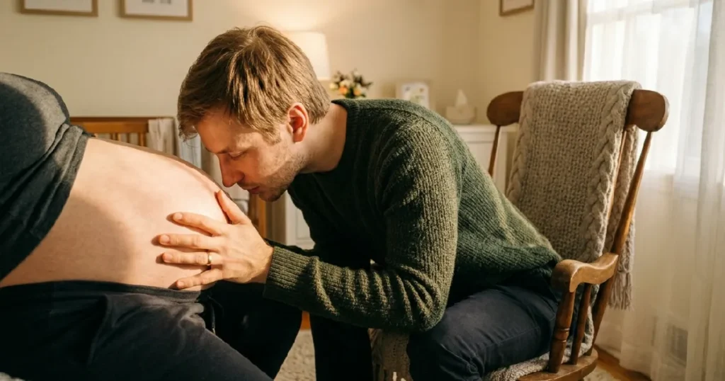 Father Reading Aloud To Unborn Baby In Sunlit Nursery