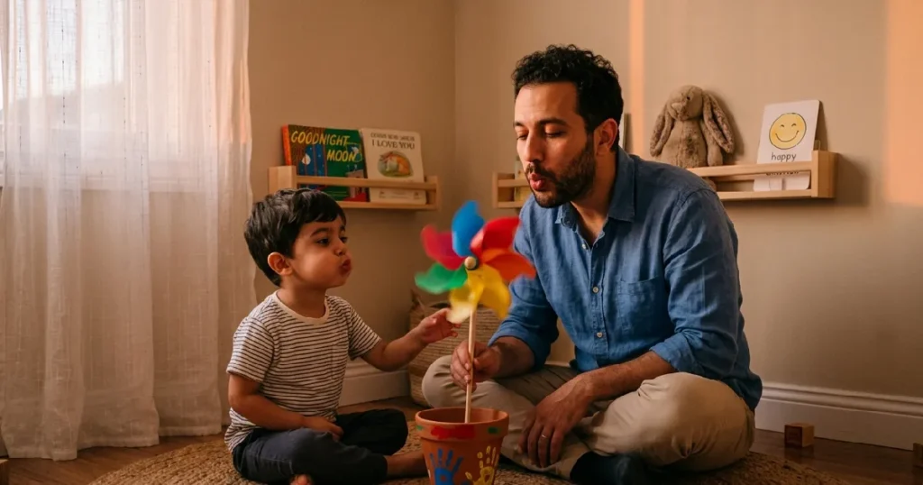 Father and Toddler Practicing Deep Breathing Together with a Pinwheel at Sunset