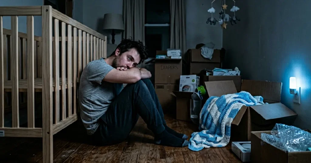First Time Dad Contemplating In Nursery Alone At Night