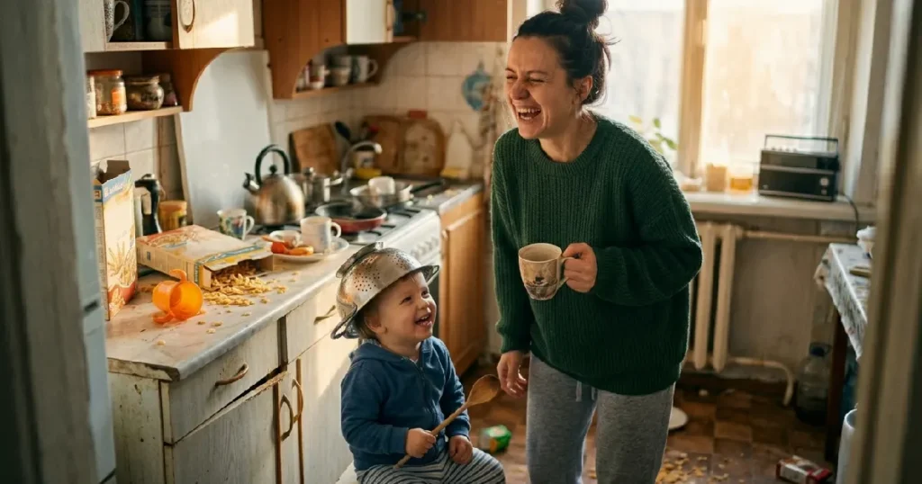 Funny-Parenting-Advice-Mom-Laughing-Messy-Kitchen