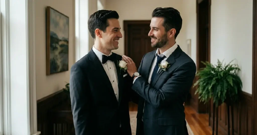 Groom and Best Man Sharing Emotional Moment Before Wedding