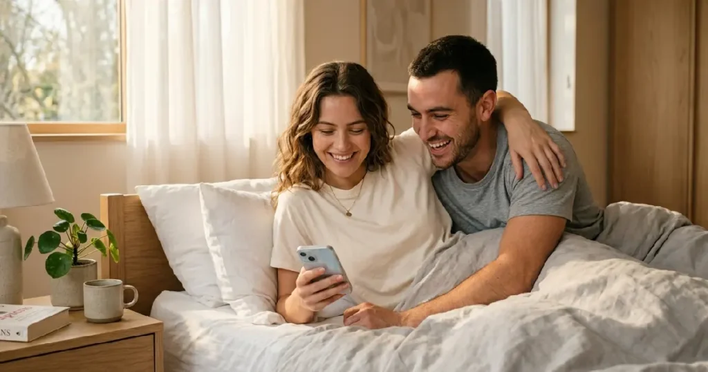 Happy Couple Texting Good Morning Messages in Bed Together