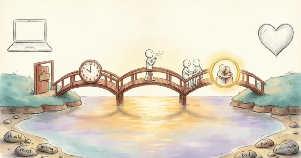 Illustrated diagram showing the five steps of a family recovery framework connecting a parent island to a child island.